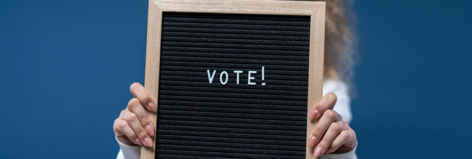 Woman holding a wooden framed board with 'Vote!' text, highlighting democratic participation.